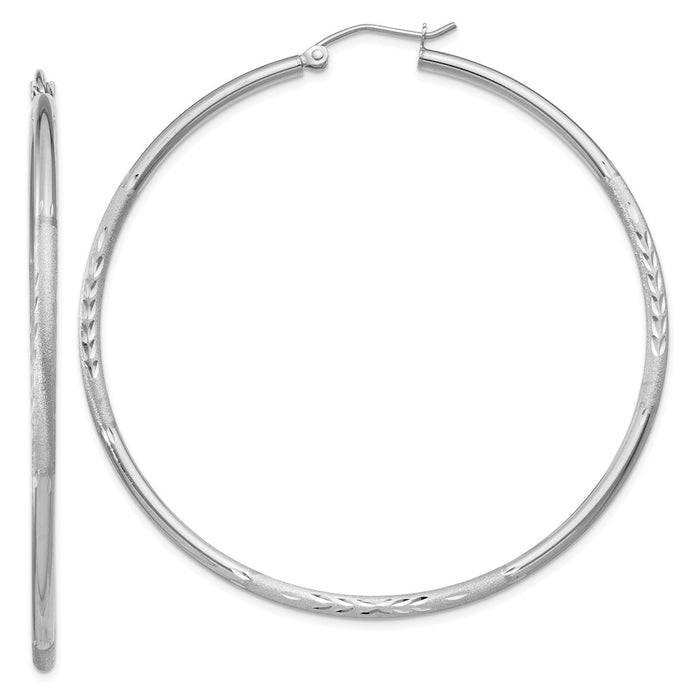 Million Charms 14k White Gold Satin & Diamond-cut 2mm Round Hoop Earrings, 55mm x 2mm