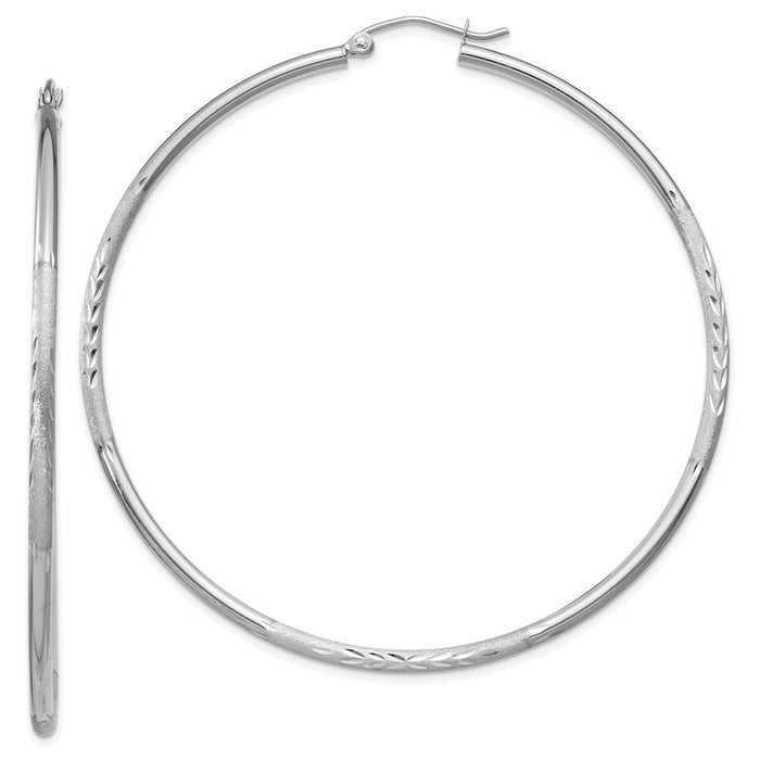 Million Charms 14k White Gold Satin & Diamond-cut 2mm Round Hoop Earrings, 60mm x 2mm