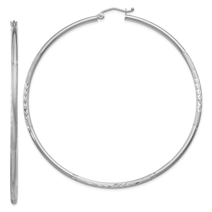 Million Charms 14k White Gold Satin & Diamond-cut 2mm Round Hoop Earrings, 65mm x 2mm