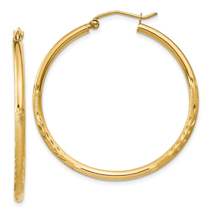 Million Charms 14k Yellow Gold Satin & Diamond-cut 2mm Round Tube Hoop Earrings, 35mm x 2mm