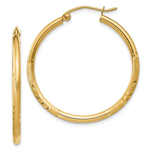Million Charms 14k Yellow Gold Satin & Diamond-cut 2mm Round Tube Hoop Earrings, 30mm x 2mm