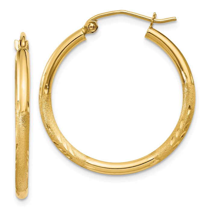 Million Charms 14k Yellow Gold Satin & Diamond-cut 2mm Round Tube Hoop Earrings, 25mm x 2mm