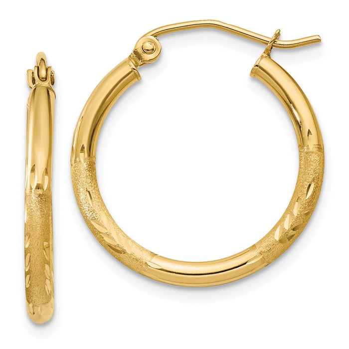 Million Charms 14k Yellow Gold Satin & Diamond-cut 2mm Round Tube Hoop Earrings, 20mm x 2mm