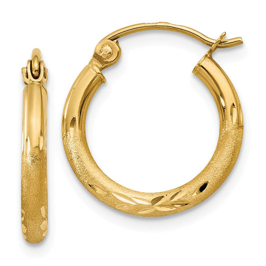 Million Charms 14k Yellow Gold Satin & Diamond-cut 2mm Round Tube Hoop Earrings, 15mm x 2mm