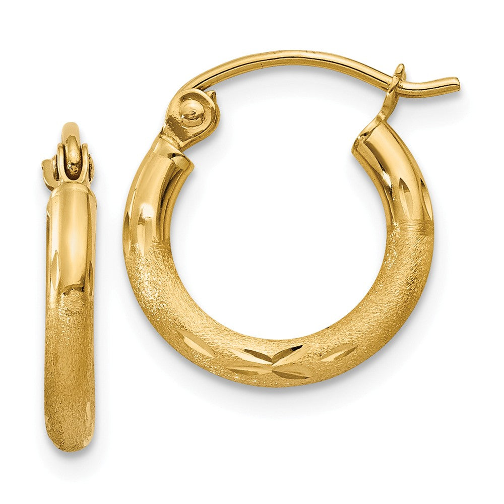 Million Charms 14k Yellow Gold Satin & Diamond-cut 2mm Round Tube Hoop Earrings, 13mm x 2mm