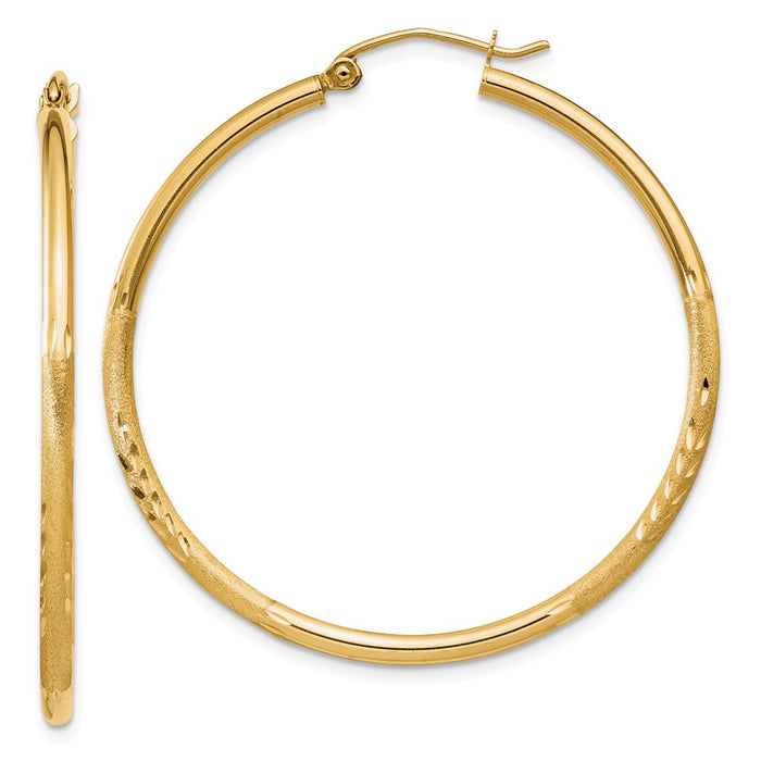 Million Charms 14k Yellow Gold Satin & Diamond-cut 2mm Round Tube Hoop Earrings, 40mm x 2mm