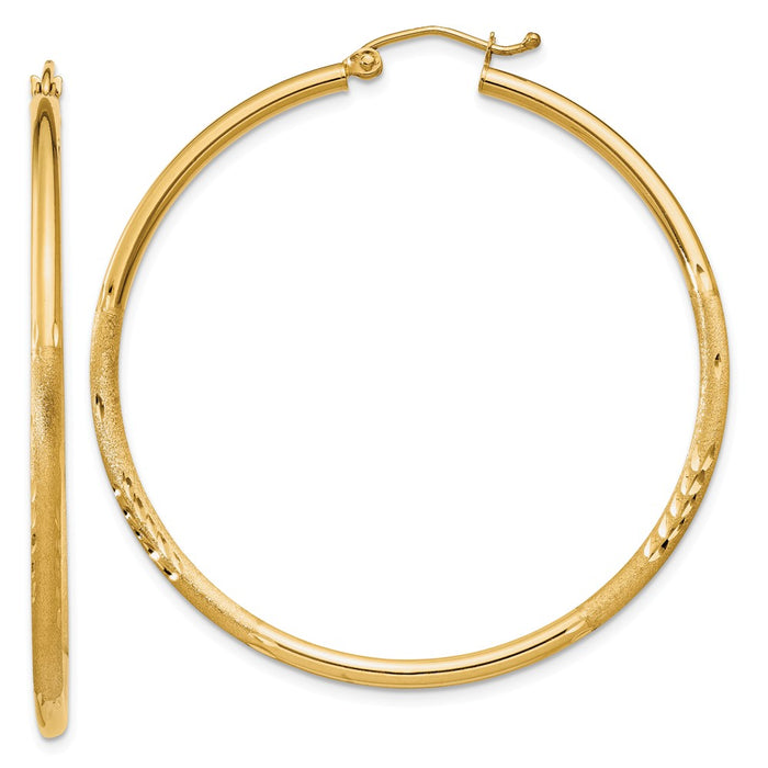 Million Charms 14k Yellow Gold Satin & Diamond-cut 2mm Round Tube Hoop Earrings, 45mm x 2mm