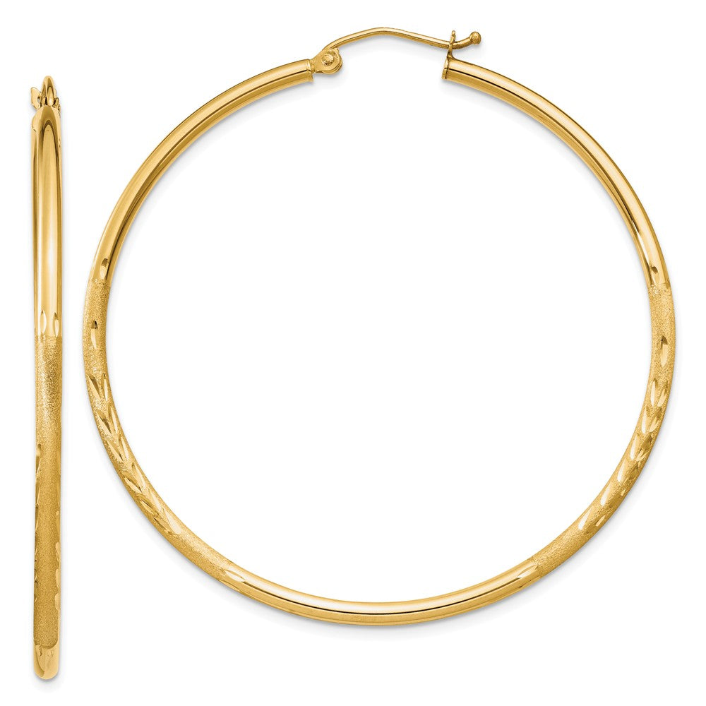 Million Charms 14k Yellow Gold Satin & Diamond-cut 2mm Round Tube Hoop Earrings, 50mm x 2mm