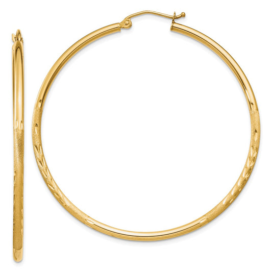 Million Charms 14k Yellow Gold Satin & Diamond-cut 2mm Round Tube Hoop Earrings, 50mm x 2mm