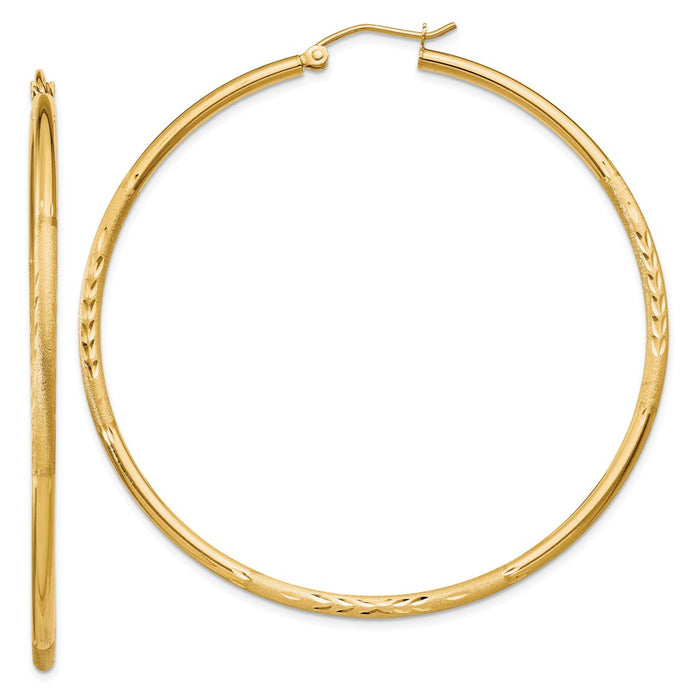 Million Charms 14k Yellow Gold Satin & Diamond-cut 2mm Round Tube Hoop Earrings, 55mm x 2mm