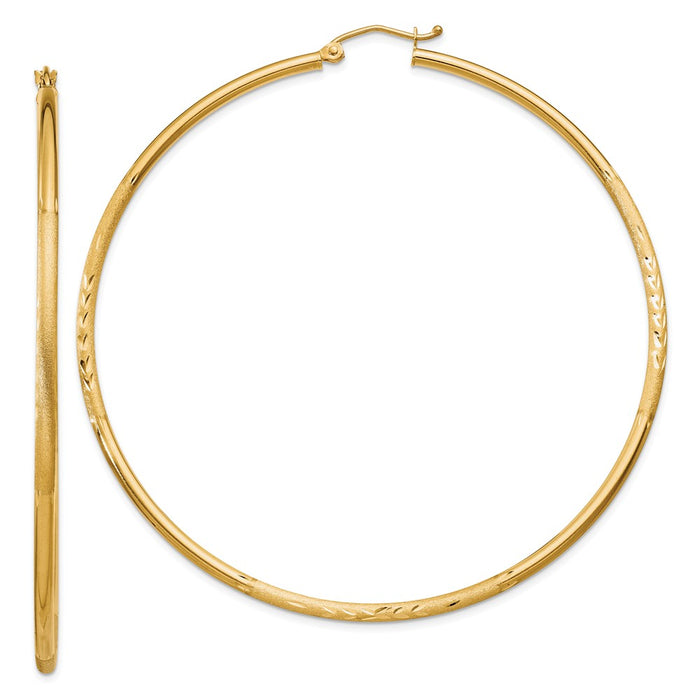 Million Charms 14k Yellow Gold Satin & Diamond-cut 2mm Round Tube Hoop Earrings, 65mm x 2mm