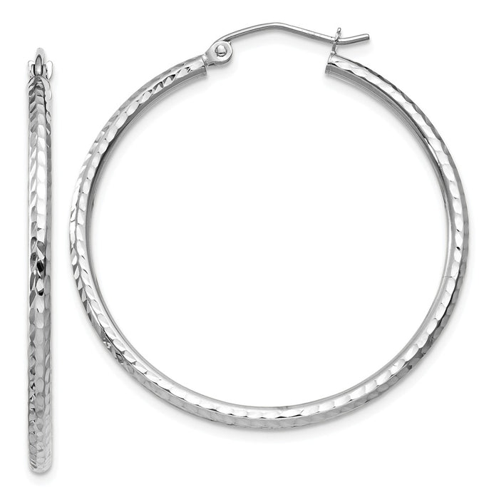 Million Charms 14k White Gold Diamond-cut 2mm Round Tube Hoop Earrings, 35mm x 2mm