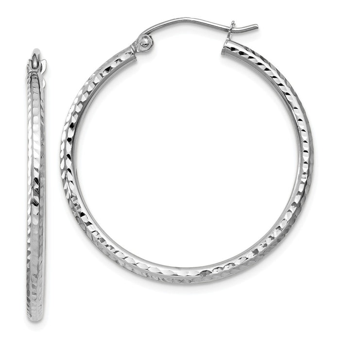 Million Charms 14k White Gold Diamond-cut 2mm Round Tube Hoop Earrings, 30mm x 2mm