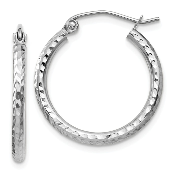 Million Charms 14k White Gold Diamond-cut 2mm Round Tube Hoop Earrings, 20mm x 2mm