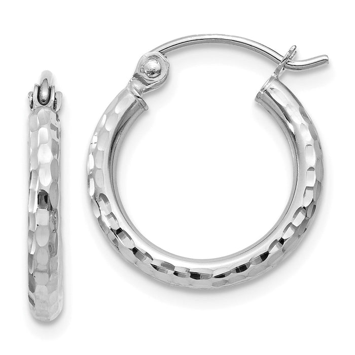 Million Charms 14k White Gold Diamond-cut 2mm Round Tube Hoop Earrings, 15mm x 2mm