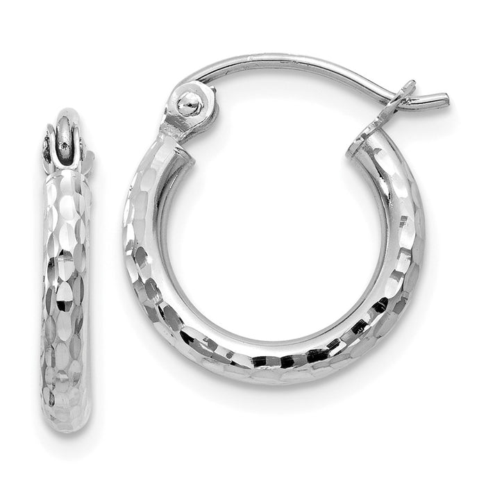 Million Charms 14k White Gold Diamond-cut 2mm Round Tube Hoop Earrings, 13mm x 2mm