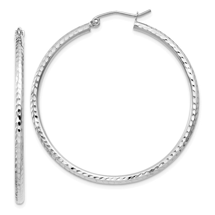 Million Charms 14k White Gold Diamond-cut 2mm Round Tube Hoop Earrings, 40mm x 2mm