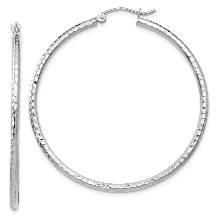 Million Charms 14k White Gold Diamond-cut 2mm Round Tube Hoop Earrings, 45mm x 2mm