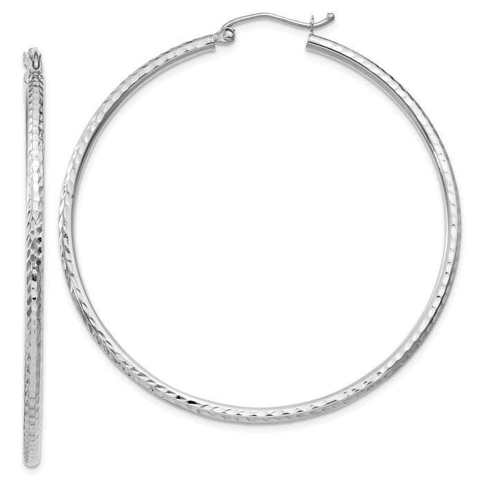 Million Charms 14k White Gold Diamond-cut 2mm Round Tube Hoop Earrings, 50mm x 2mm