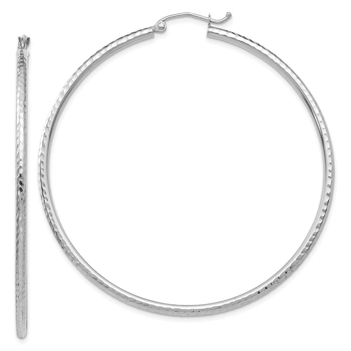 Million Charms 14k White Gold Diamond-cut 2mm Round Tube Hoop Earrings, 55mm x 2mm