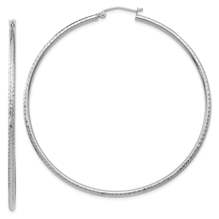 Million Charms 14k White Gold Diamond-cut 2mm Round Tube Hoop Earrings, 60mm x 2mm