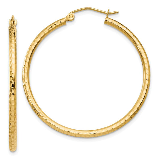 Million Charms 14k Yellow Gold Diamond-cut 2mm Round Tube Hoop Earrings, 35mm x 2mm