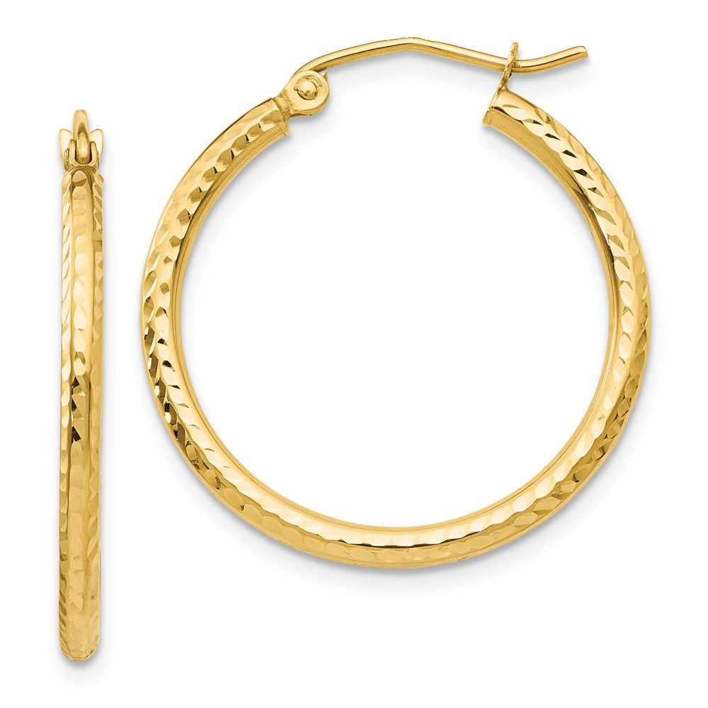 Million Charms 14k Yellow Gold Diamond-cut 2mm Round Tube Hoop Earrings, 25mm x 2mm