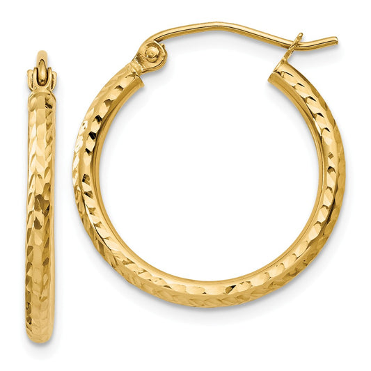 Million Charms 14k Yellow Gold Diamond-cut 2mm Round Tube Hoop Earrings, 20mm x 2mm