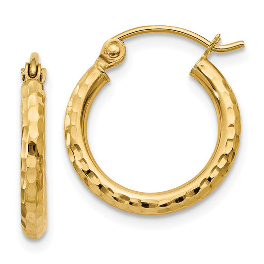 Million Charms 14k Yellow Gold Diamond-cut 2mm Round Tube Hoop Earrings, 15mm x 2mm