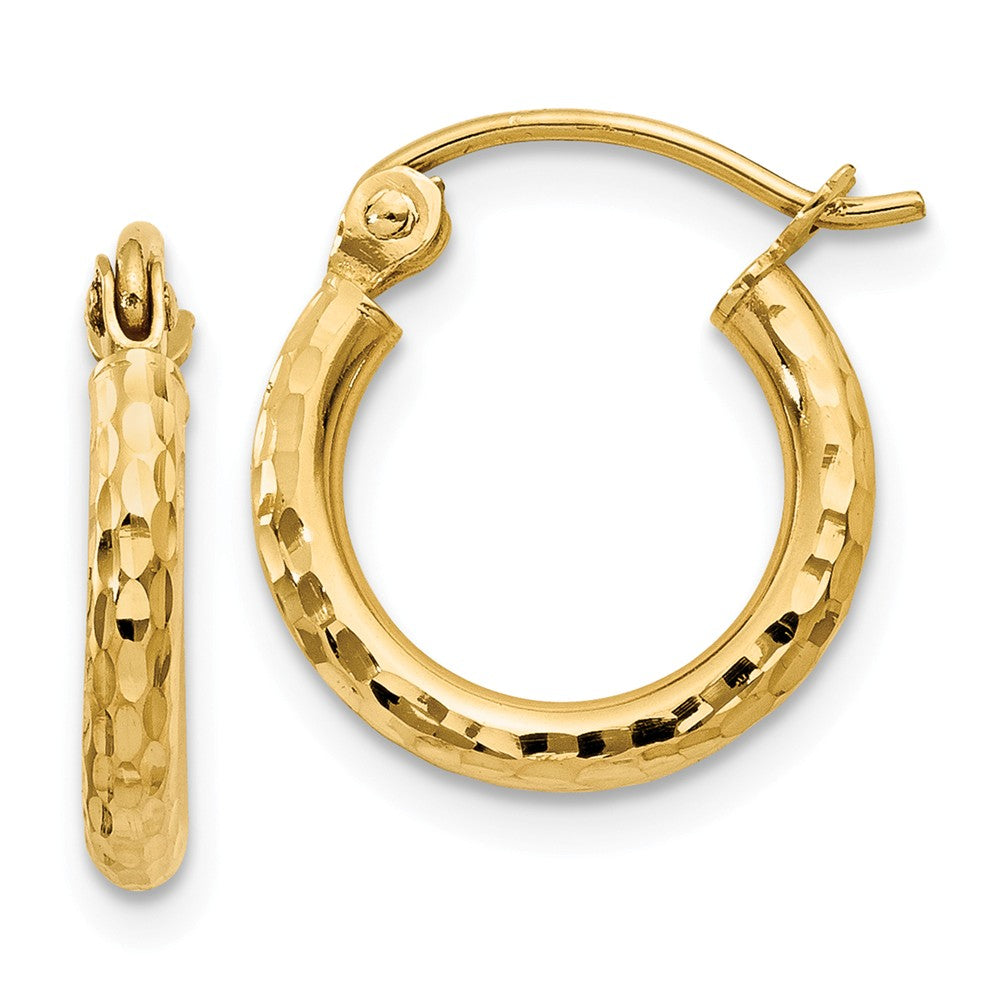 Million Charms 14k Yellow Gold Diamond-cut 2mm Round Tube Hoop Earrings, 13mm x 2mm
