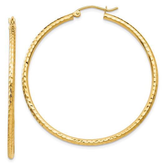 Million Charms 14k Yellow Gold Diamond-cut 2mm Round Tube Hoop Earrings, 45mm x 2mm
