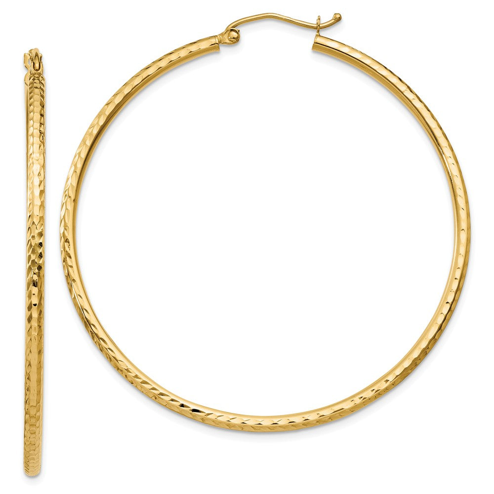 Million Charms 14k Yellow Gold Diamond-cut 2mm Round Tube Hoop Earrings, 50mm x 2mm