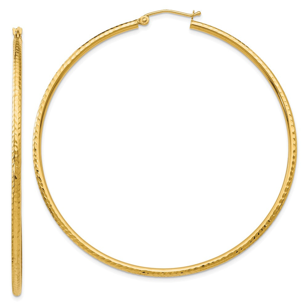 Million Charms 14k Yellow Gold Diamond-cut 2mm Round Tube Hoop Earrings, 60mm x 2mm