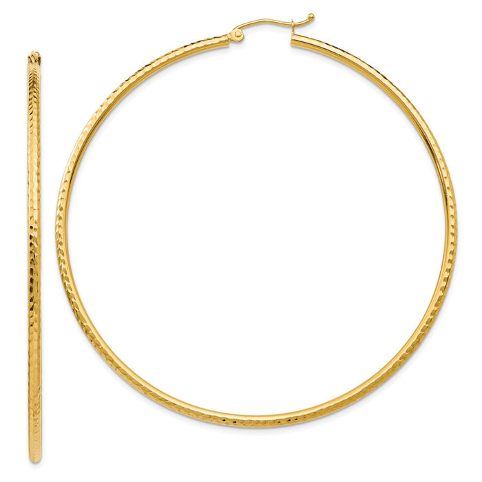Million Charms 14k Yellow Gold Diamond-cut 2mm Round Tube Hoop Earrings, 65mm x 2mm