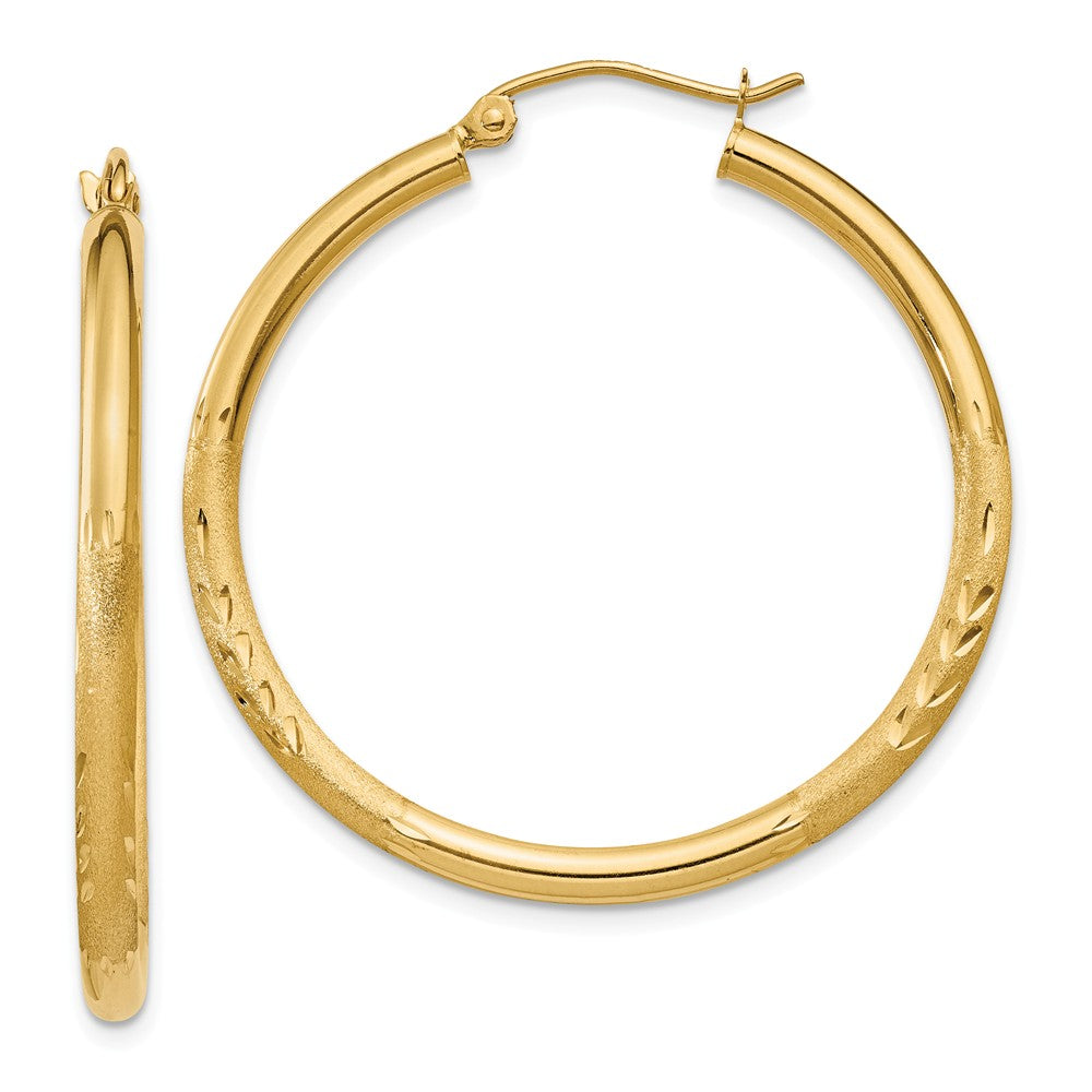 Million Charms 14k Yellow Gold Satin & Diamond-cut 2.5mm Round Hoop Earrings, 35mm x 2.5mm