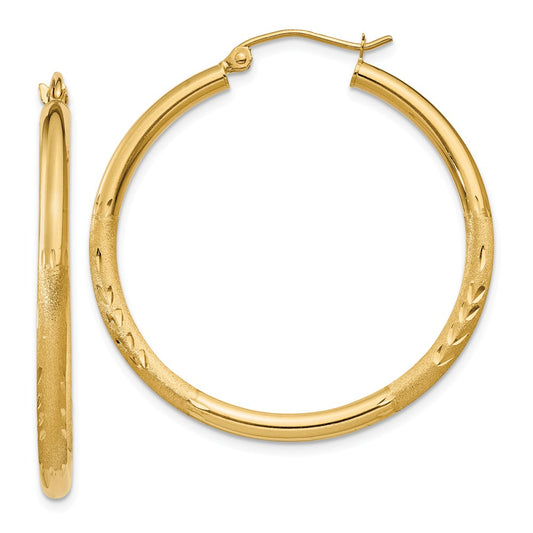 Million Charms 14k Yellow Gold Satin & Diamond-cut 2.5mm Round Hoop Earrings, 35mm x 2.5mm