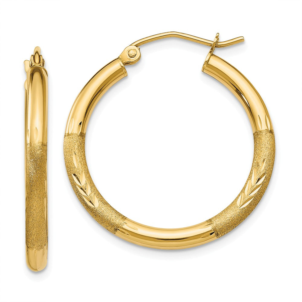Million Charms 14k Yellow Gold Satin & Diamond-cut 2.5mm Round Hoop Earrings, 24mm x 24mm