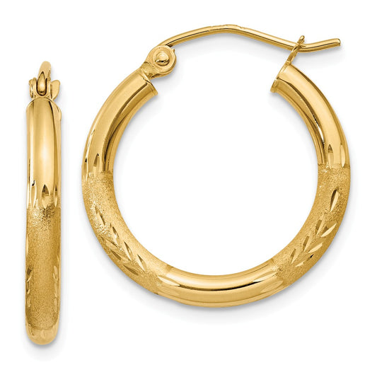 Million Charms 14k Yellow Gold Satin & Diamond-cut 2.5mm Round Hoop Earrings, 20mm x 20mm