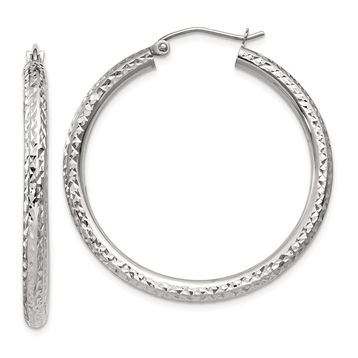 Million Charms 14k White Gold Diamond-cut 3mm Round Hoop Earrings, 35mm x 3mm