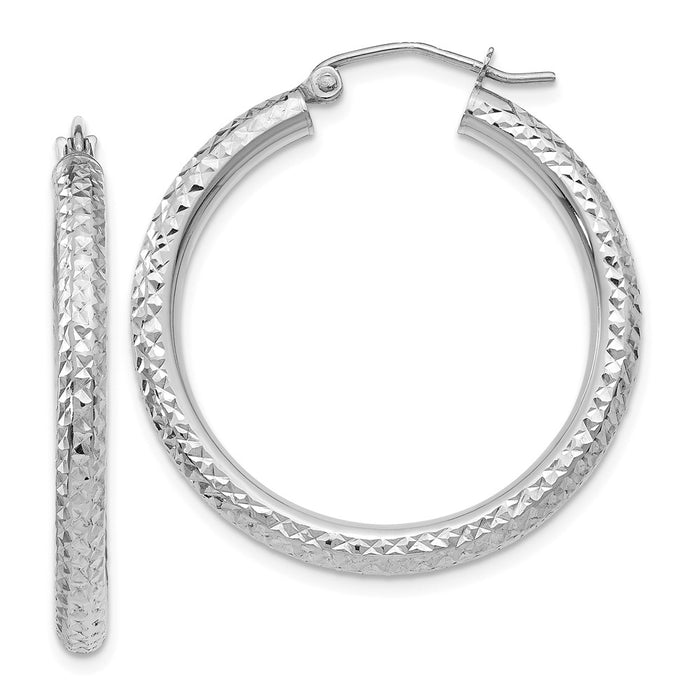 Million Charms 14k White Gold Diamond-cut 3mm Round Hoop Earrings, 30mm x 3mm