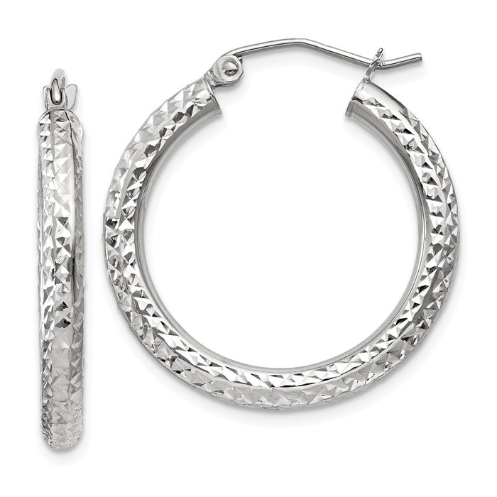 Million Charms 14k White Gold Diamond-cut 3mm Round Hoop Earrings, 25mm x 3mm