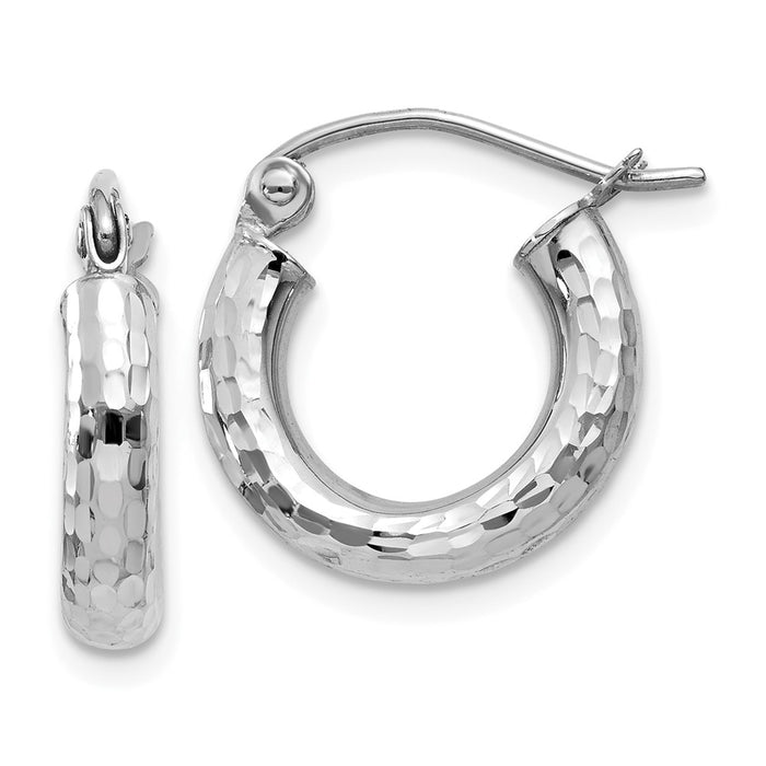 Million Charms 14k White Gold Diamond-cut 3mm Round Hoop Earrings, 14mm x 3mm