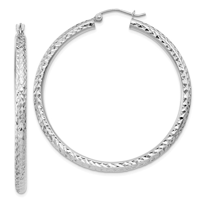 Million Charms 14k White Gold Diamond-cut 3mm Round Hoop Earrings, 45mm x 3mm