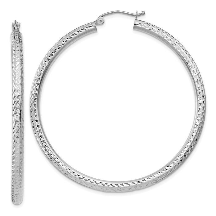 Million Charms 14k White Gold Diamond-cut 3mm Round Hoop Earrings, 50mm x 3mm