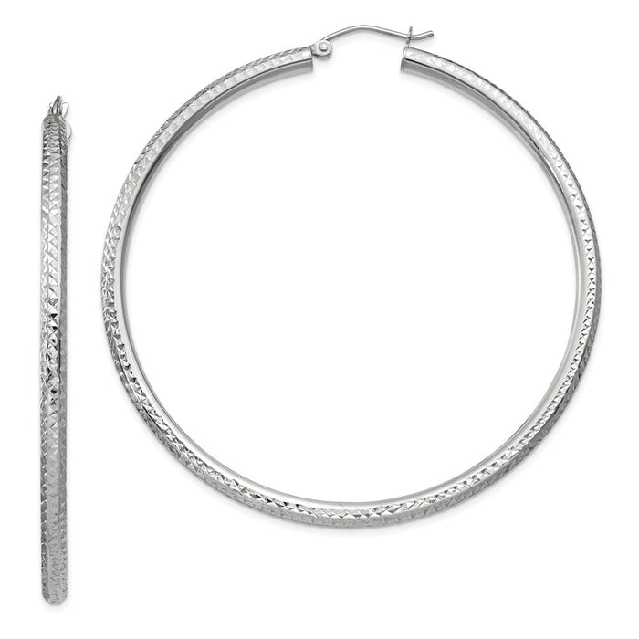 Million Charms 14k White Gold Diamond-cut 3mm Round Hoop Earrings, 60mm x 3mm