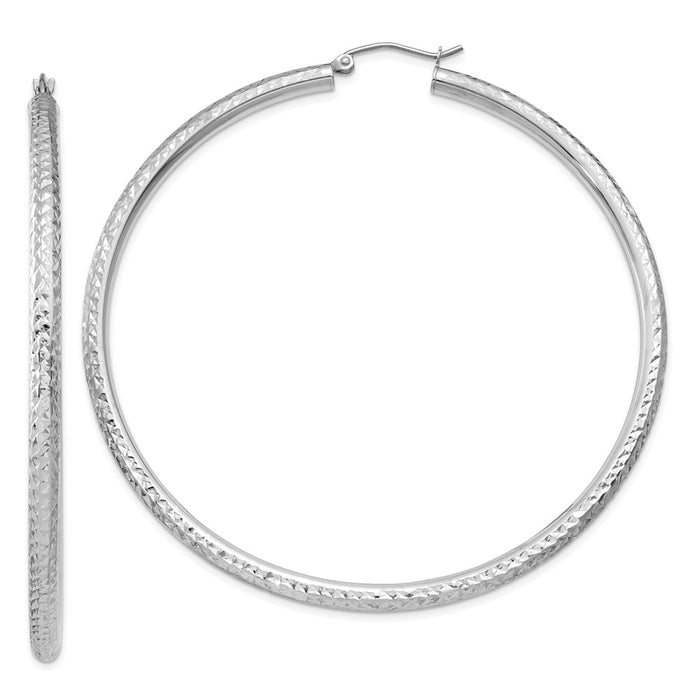 Million Charms 14k White Gold Diamond-cut 3mm Round Hoop Earrings, 65mm x 3mm