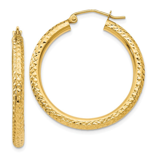 Million Charms 14k Yellow Gold Diamond-cut 3mm Round Hoop Earrings, 30mm x 3mm