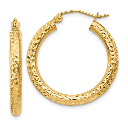 Million Charms 14k Yellow Gold Diamond-cut 3mm Round Hoop Earrings, 25mm x 3mm