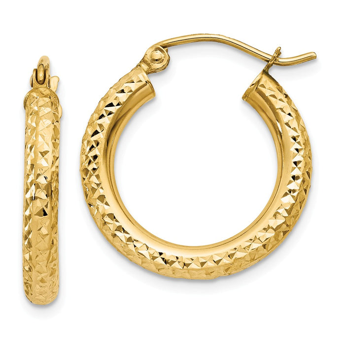 Million Charms 14k Yellow Gold Diamond-cut 3mm Round Hoop Earrings, 20mm x 3mm