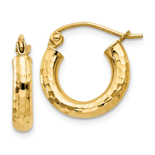 Million Charms 14k Yellow Gold Diamond-cut 3mm Round Hoop Earrings, 14mm x 3mm